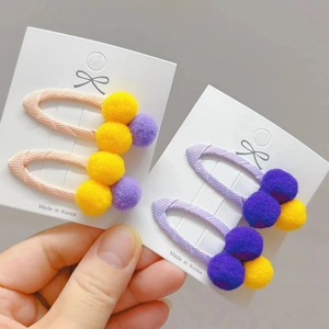 2Pcs Kids Plush Pom Pom Hair Clips Sweet Candy Color BB Clips Handmade Fabric Wrapped Hair Pins For Girls Hair Accessories