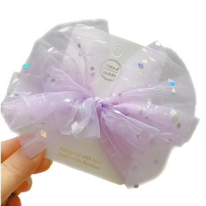 Fermaglio per capelli con fiocco in rete di paillettes viola per bambine, fatto a mano
