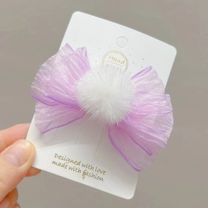 Pinza para el pelo con lazo de encaje morado para niña y pompón de piel sintética