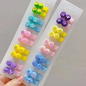 Set of 10 pairs colorful handmade flower hair clips with sequins and plush balls