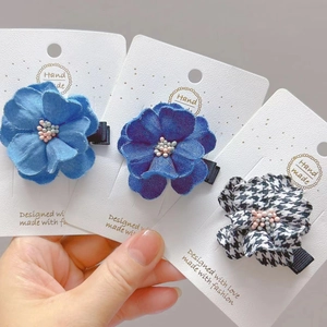 Handmade Fabric Camellia Flower Hair Clip Vintage Denim Blue Houndstooth Pattern Hairpin For Women Daily Hair Accessories