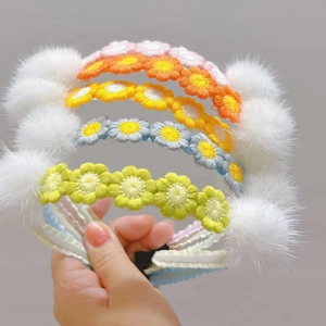 Cute Handmade Crocheted Daisy Flower Mink Fur Ball Headband For Girls Sweet Pastoral Style Hair Accessories Hair Band