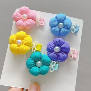 Fabric Flower Hair Clips With Imitation Artificial Pearl Bow For Little Girls Sweet Candy Color Floral Hairpins Handmade Hair Accessories