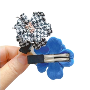 Houndstooth and blue velvet flower hair clips with beaded centers and alligator grips