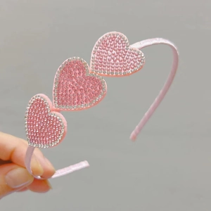 Pink sparkling rhinestone heart headband for girls with soft satin fabric finish