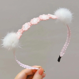 Pink daisy headband with white mink fur ears and handmade crochet floral ornaments