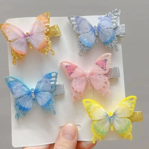 Children Butterfly Hair Clip Headband Girls Handmade Fabric Rhinestone Fairy Butterfly Hair Accessories Kids Ornaments