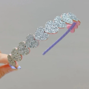 Sparkling silver sequin heart headband for girls with lilac fabric wrap and pink accents