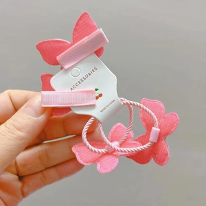 Detailset aus vier rosa Schmetterling-Haarspangen und elastischen Haarbändern für Mädchen