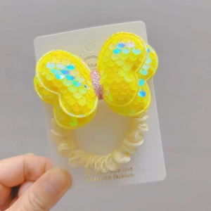 Sequin yellow butterfly hair scrunchie with spiral phone cord tie for girls' ponytails