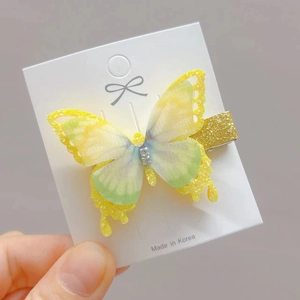 Elegant 3D double-layered butterfly hair clip with gold glitter and crystals for girls