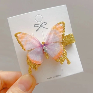 Pink organza butterfly hair clip with gold glitter and rhinestones for girls