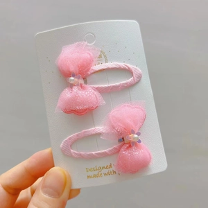 Pink lace mesh bow hair clips with faux pearl flower centers for kids, set of two