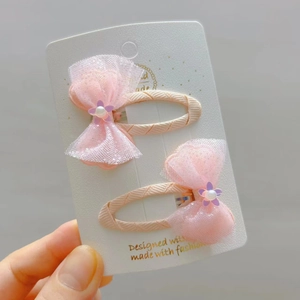 Pink lace mesh bow hair clips with purple flower and white pearl for girls