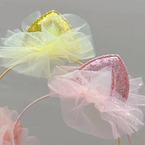 Detail of glitter cat ear headband featuring sparkling sequins and delicate lace trim layers