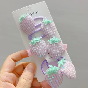 5-piece set of purple sequined strawberry hair clips and elastics for girls