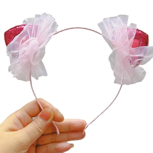 Pink glitter cat ear headband with soft mesh lace trim for children party costumes