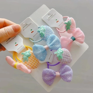 Élastiques à Cheveux en Tissu Paillettes Nœud Fraise pour Enfants Filles Accessoires de Cheveux Style Coréen Mignon