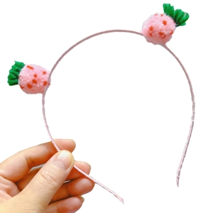 Süßer rosa Erdbeere Haarreif für Mädchen mit Plüsch-Frucht-Pompons und grünen Blättern