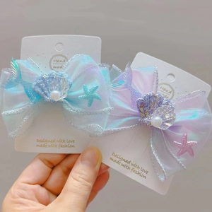 Pince À Cheveux Nœud Papillon En Maille Irisée Thème Océan Sirène Pour Filles Coquillage Étoile De Mer Fausse Künstliche Perle Ruban