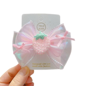 Pince à cheveux nœud en gaze rose avec fraise pailletée pour filles et enfants mignons