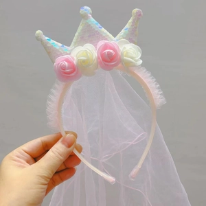 Pink sequin crown headband with flowers and long tulle veil for girls party