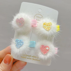 Fashion Sparkling Heart Hair Clip Mink Fur Ball Bangs Clip Autumn Winter Plush Side Clip Hair Accessories For Girls Women