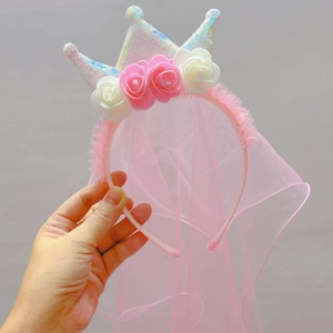 Pink princess crown headband with sequins, roses and long veil for flower girls
