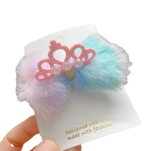 Fermaglio per capelli bimbi con fiocco colorato in peluche e corona rosa con perle