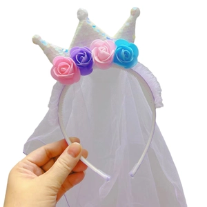 Sparkling sequin crown headband for girls with colorful faux roses and white tulle veil