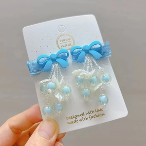 Handmade blue bow hair clips with shell pearl pendants for traditional Chinese Hanfu style