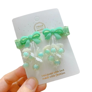 Handmade mint green bow hair clips with shell pearl beads and tassel for girls