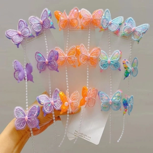 Barrettes à Cheveux Papillon avec Chaîne de Künstliche Perles pour Filles Douce Fée Broderie Organza Épingles à Cheveux à Gland Enfants