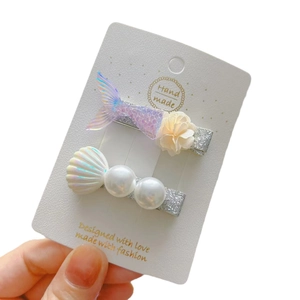 Dreamy mermaid tail and shell hair clip set with cream pearls and floral accents