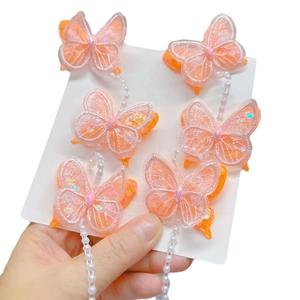 Lot de six barrettes papillon en dentelle rose avec perles et paillettes pour filles