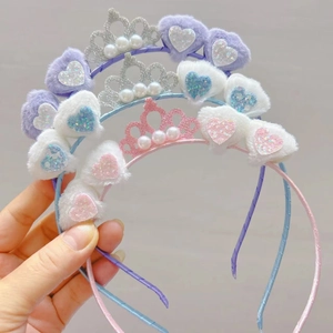 Cute Plush Heart Crown Headband For Kids Girls Princess Style Glitter Faux Artificial Pearl Hair Band Sweet Hair Accessories Gift