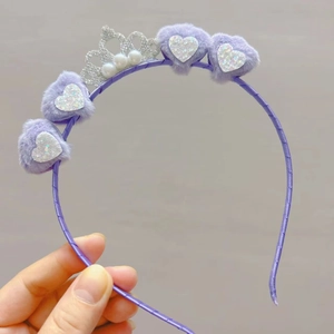 Cute purple plush heart headband with silver glitter crown and pearls for women and girls