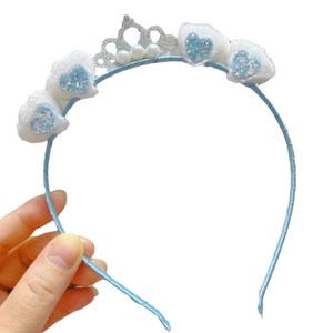 Light blue plush heart headband for girls with silver glitter crown and white pearls