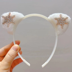 Serre-tête oreilles de chat en peluche blanche avec des flocons de neige argentés