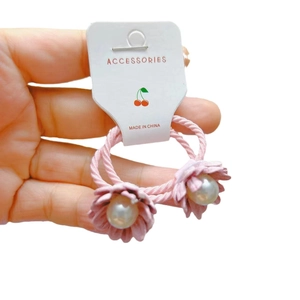 Lot de deux élastiques cheveux fleurs roses en tissu avec perles pour filles, style fait main