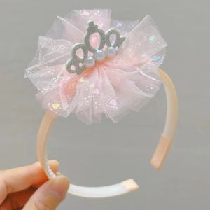 Rosa Kinder Spitzenblumen Haarreif mit glitzernder Silberkrone und Perlendetails