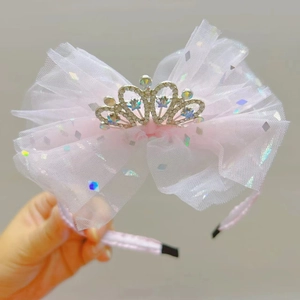 Cerchietto rosa con fiocco per bambine decorato con corona da principessa in strass