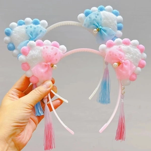 Kids Plush Cat Ears Headband With Faux Artificial Pearl Long Tassel Polka Dot Bow Sweet Hair Accessory For Girls Performance Party