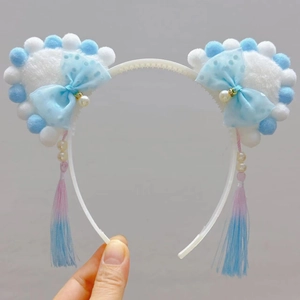 Kids Chinese style cat ear headband with blue plush balls, tulle bow, and tassel beads