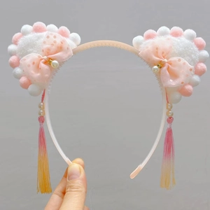 Cat ear headband with pink plush, pearls and tassels for girls Chinese style hair accessory