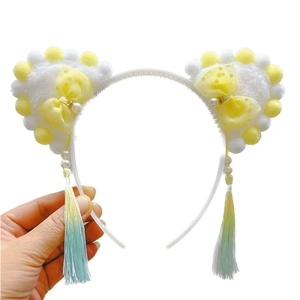 Chinese style cat ear headband for girls with white faux fur pearls and long tassels