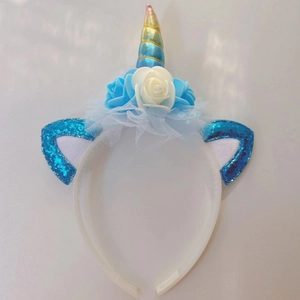Unicorn headband with glitter ears, blue roses and gradient horn for princess party