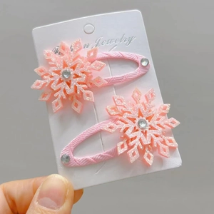 Fermagli per capelli a fiocco di neve rosa per bambine con glitter e strass lucidi