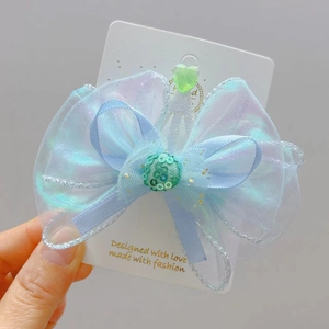 Mermaid princess crown bow hair clip with iridescent organza and green crystal heart