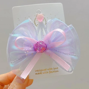 Mermaid style 3D crown bow hair clip with colorful organza and pink heart crystal decor